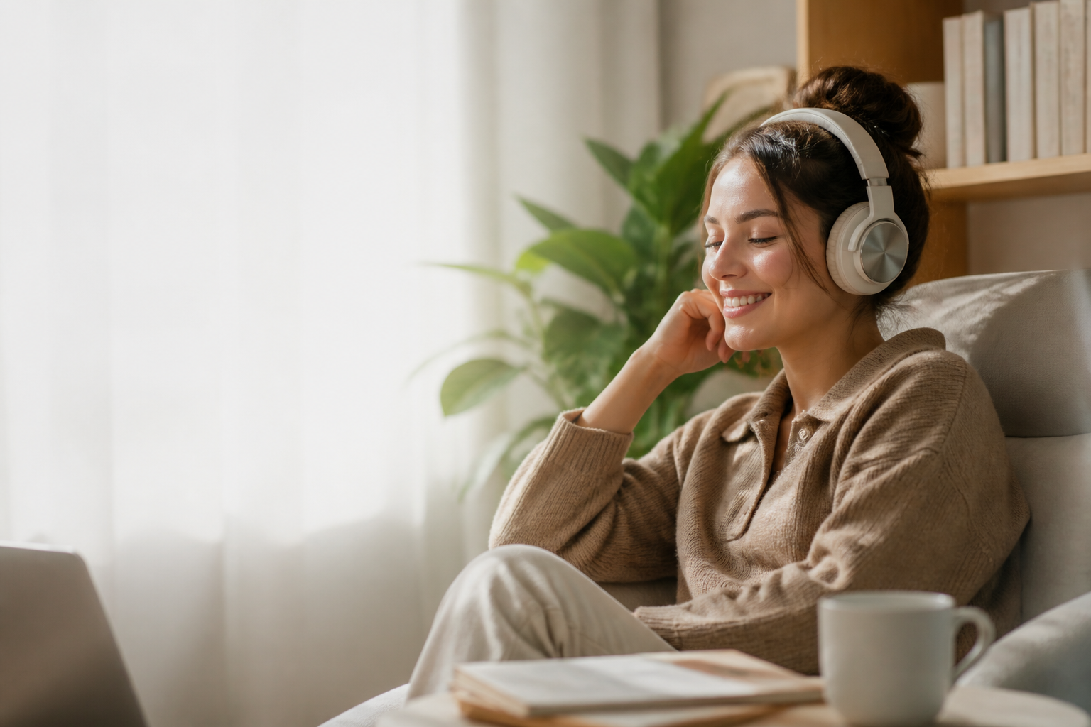 Happy woman listening to an audiobook with headphones